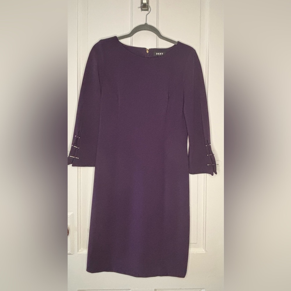Dkny Deep Plum Midi Sheath Dress with Three-Quarter Sleeves